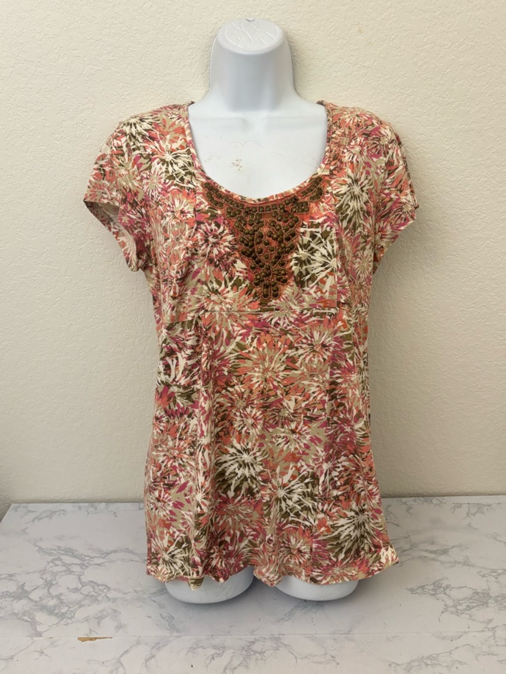 Style & Co Short Sleeve Top Women’s M Embellished Floral Pullover Beaded